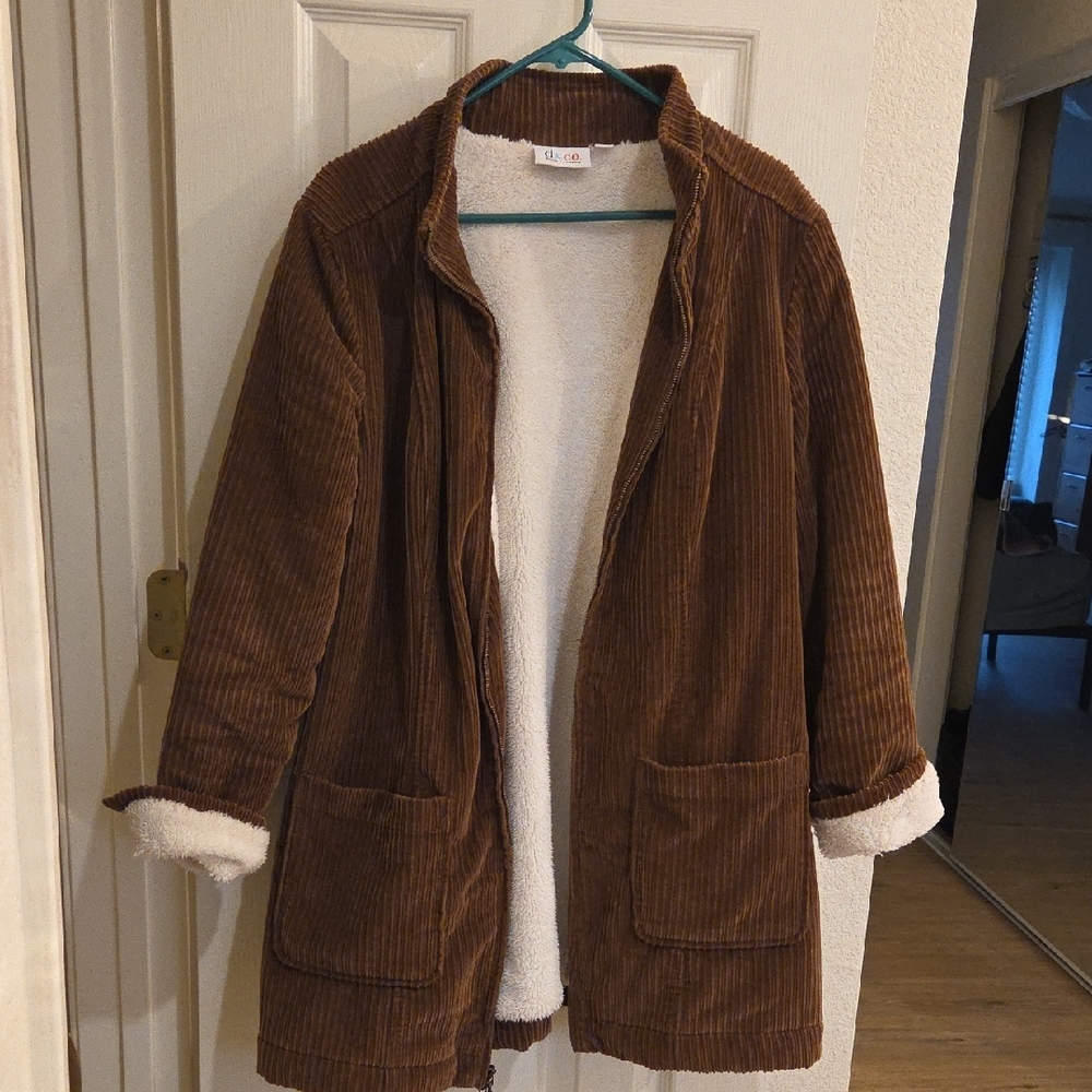 D & CO Cozy Brown Corduroy Fleece Lined Jacket Size Medium - Picture 10 of 17